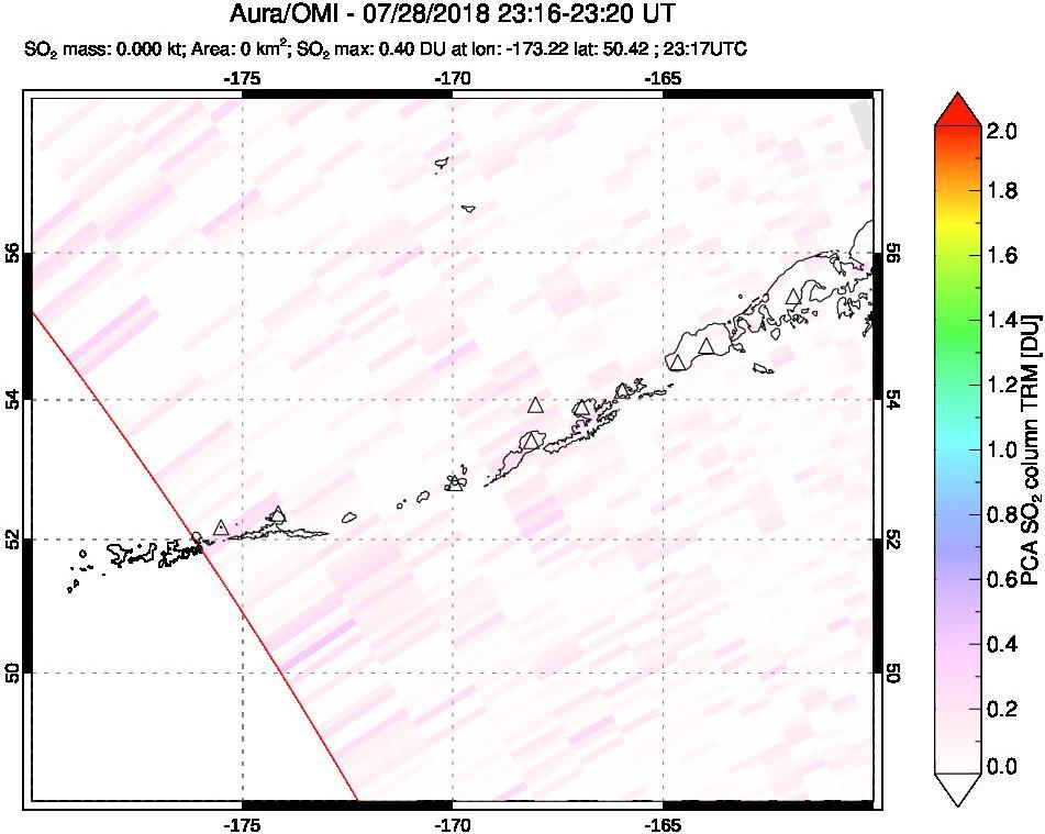 A sulfur dioxide image over Aleutian Islands, Alaska, USA on Jul 28, 2018.