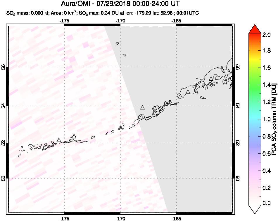 A sulfur dioxide image over Aleutian Islands, Alaska, USA on Jul 29, 2018.