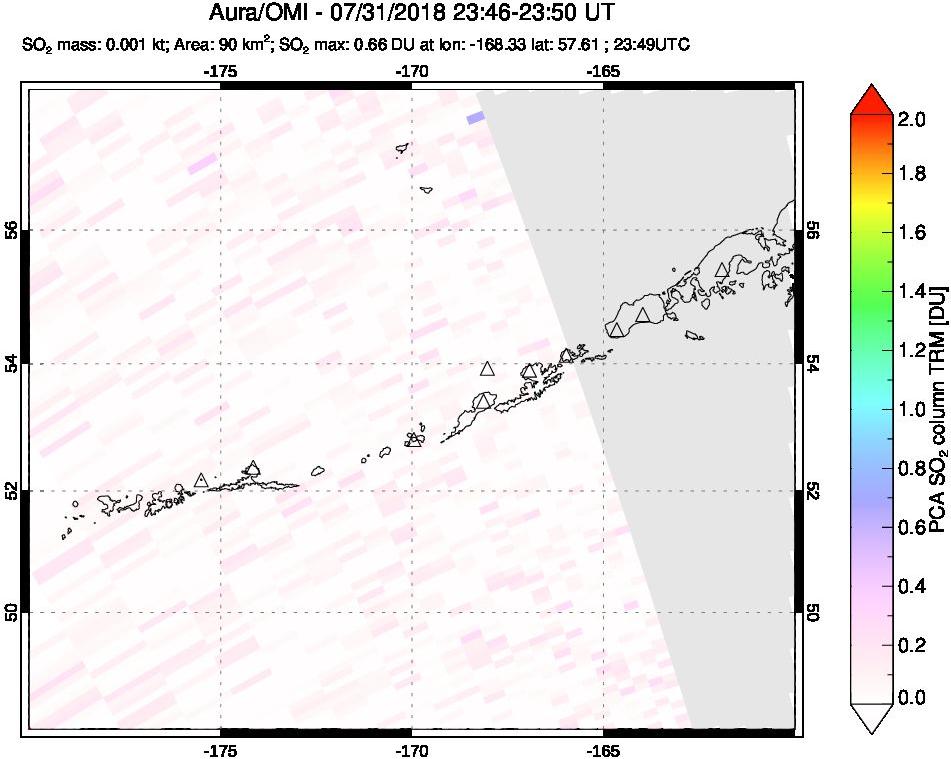 A sulfur dioxide image over Aleutian Islands, Alaska, USA on Jul 31, 2018.