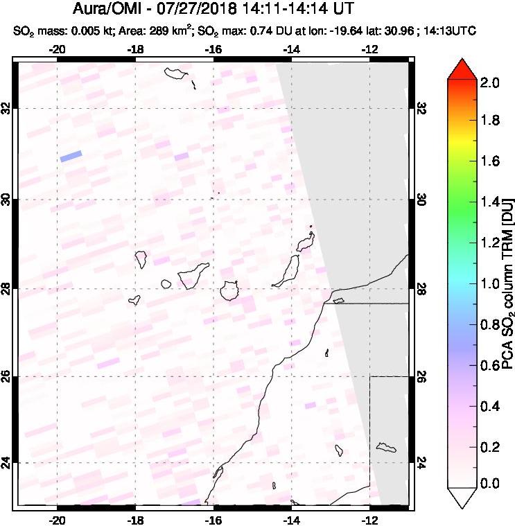A sulfur dioxide image over Canary Islands on Jul 27, 2018.