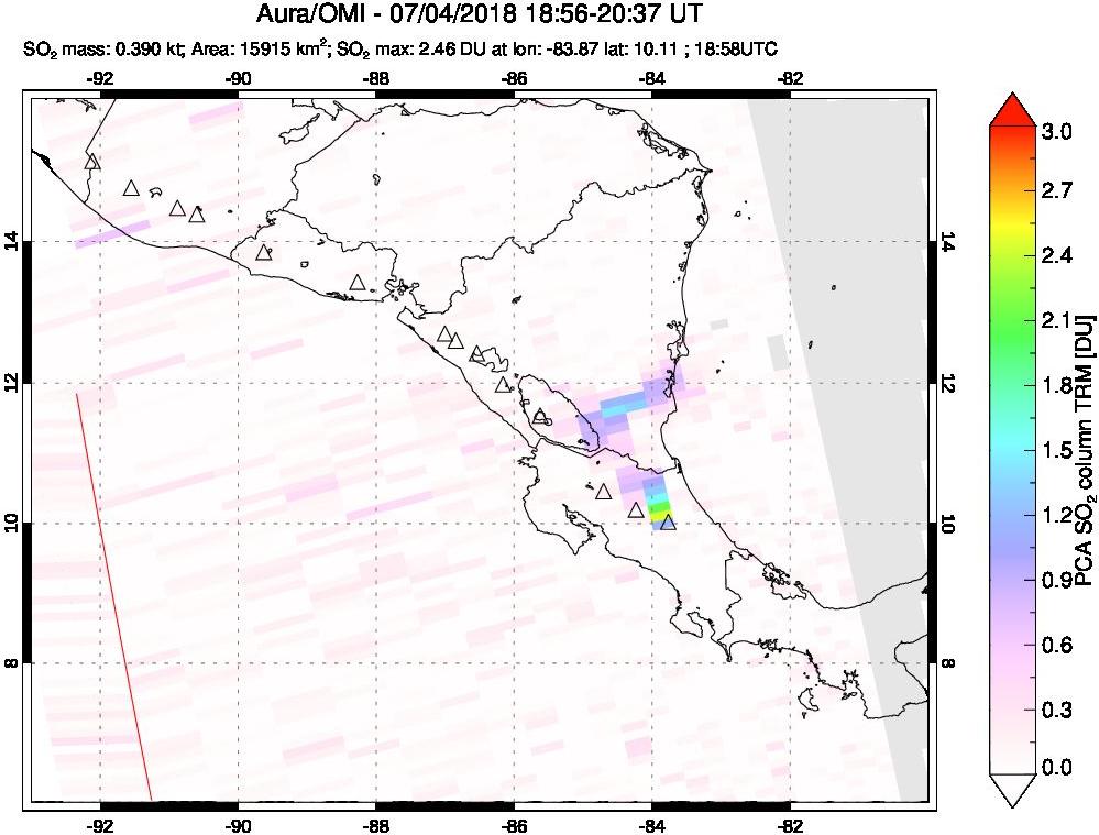 A sulfur dioxide image over Central America on Jul 04, 2018.