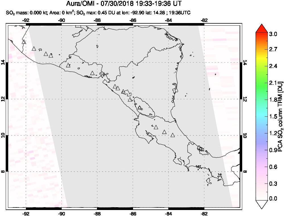 A sulfur dioxide image over Central America on Jul 30, 2018.