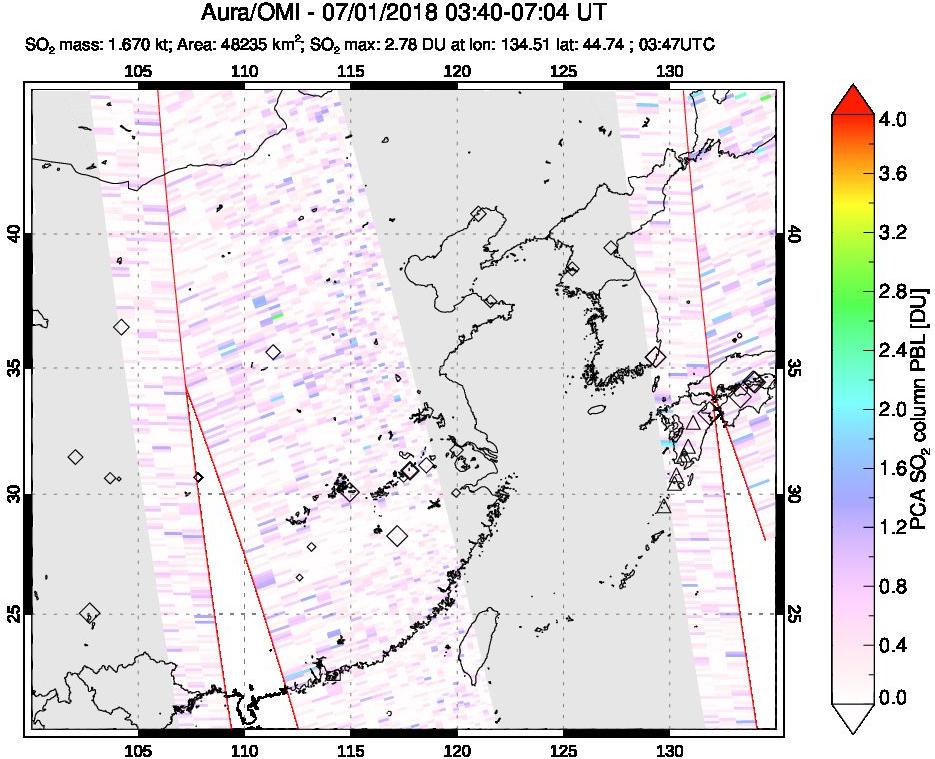 A sulfur dioxide image over Eastern China on Jul 01, 2018.