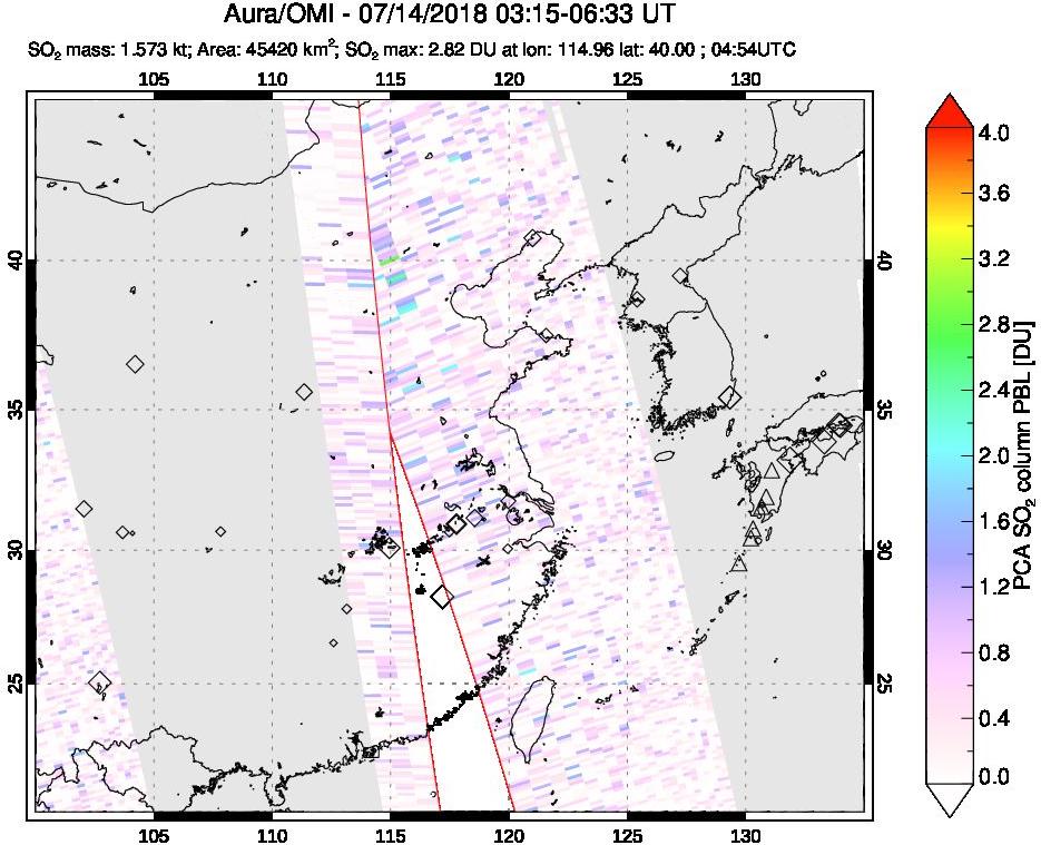 A sulfur dioxide image over Eastern China on Jul 14, 2018.