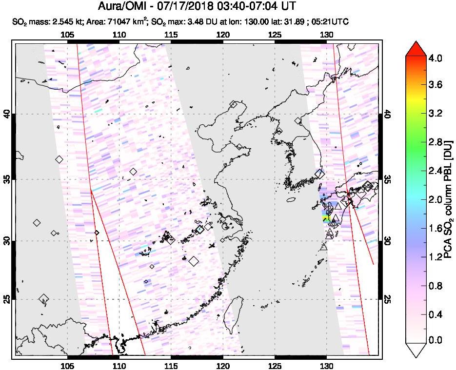 A sulfur dioxide image over Eastern China on Jul 17, 2018.