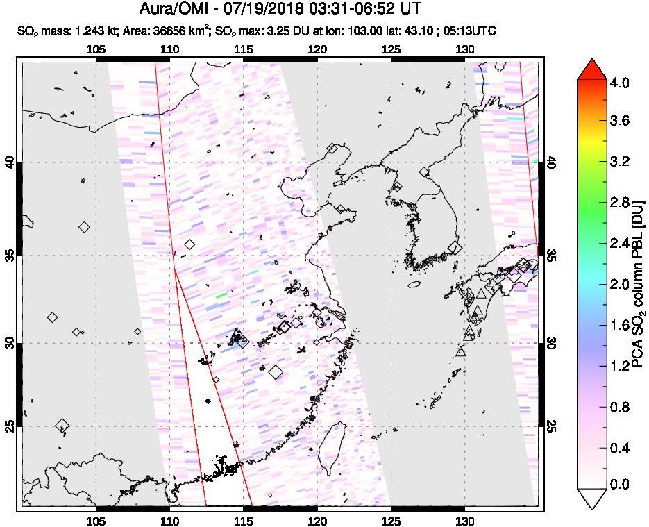 A sulfur dioxide image over Eastern China on Jul 19, 2018.