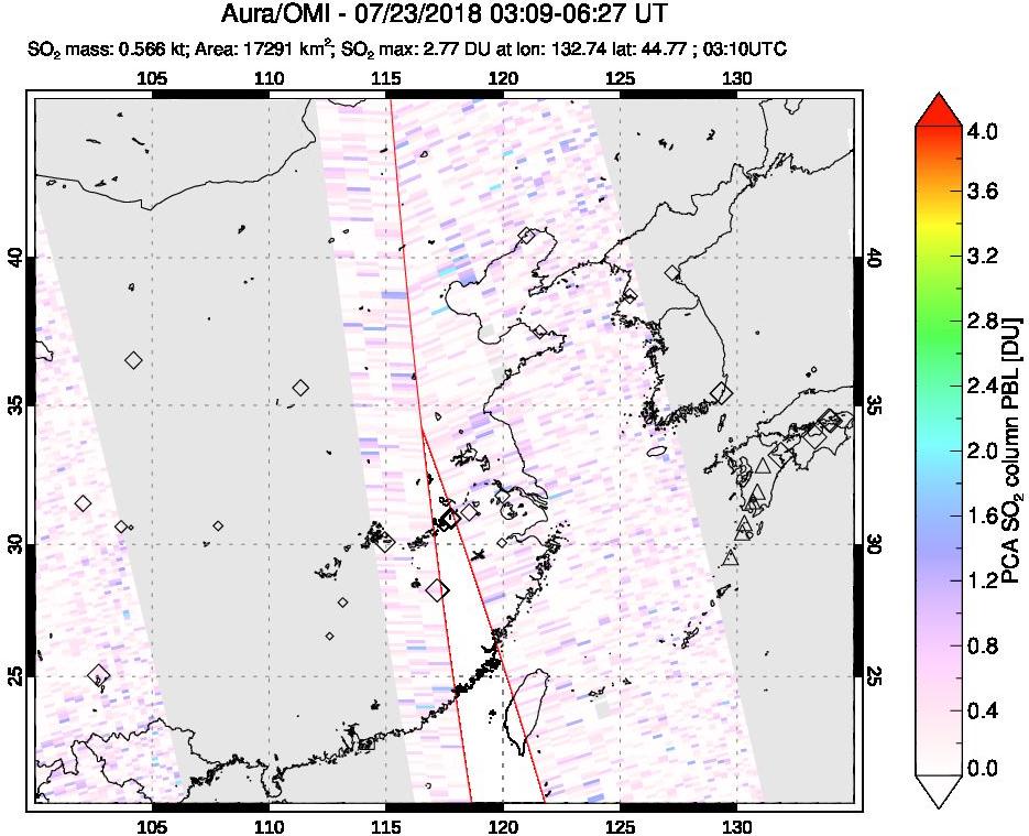 A sulfur dioxide image over Eastern China on Jul 23, 2018.