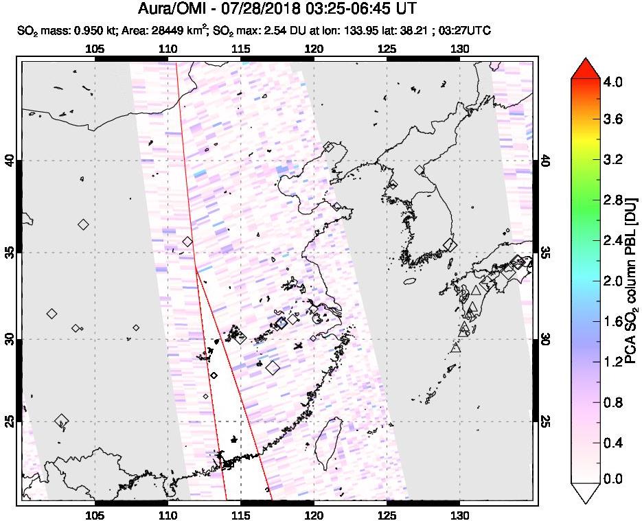 A sulfur dioxide image over Eastern China on Jul 28, 2018.