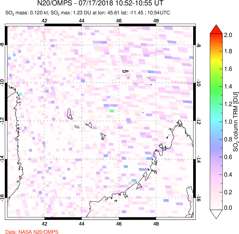 A sulfur dioxide image over Comoro Islands on Jul 17, 2018.
