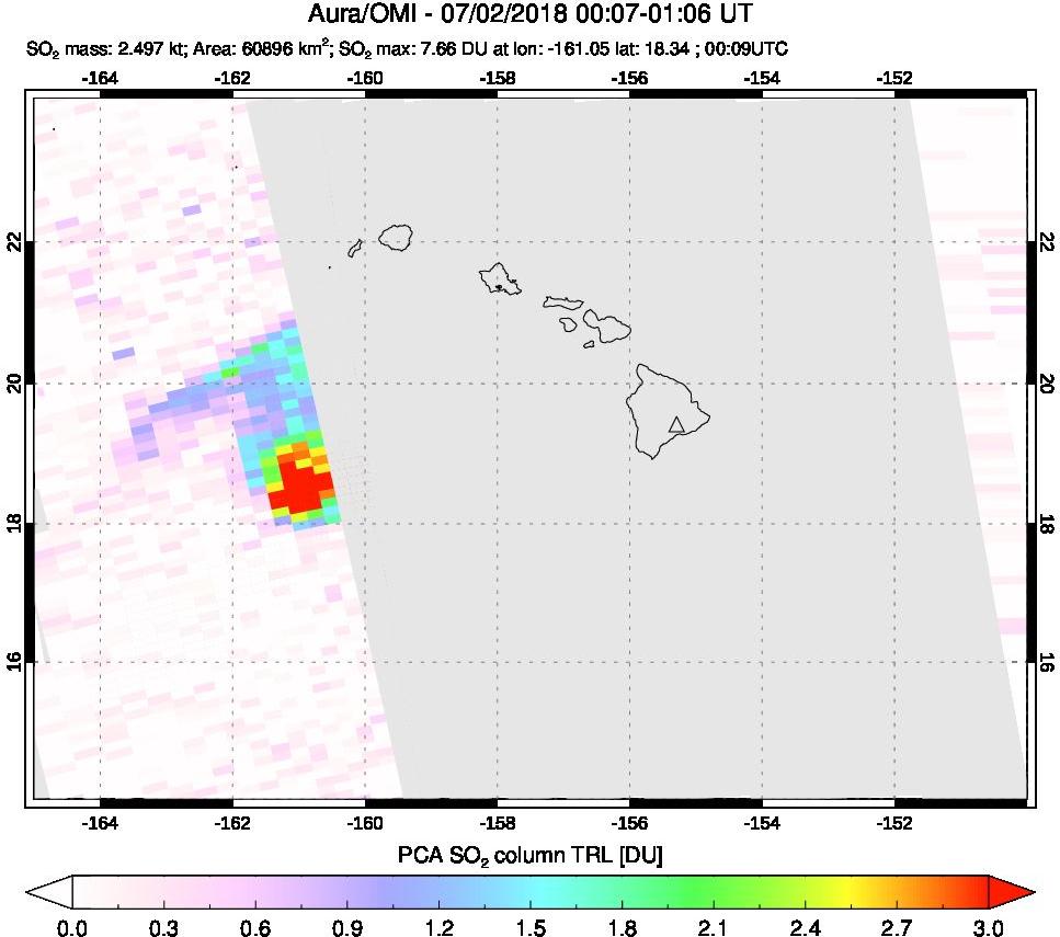 A sulfur dioxide image over Hawaii, USA on Jul 02, 2018.
