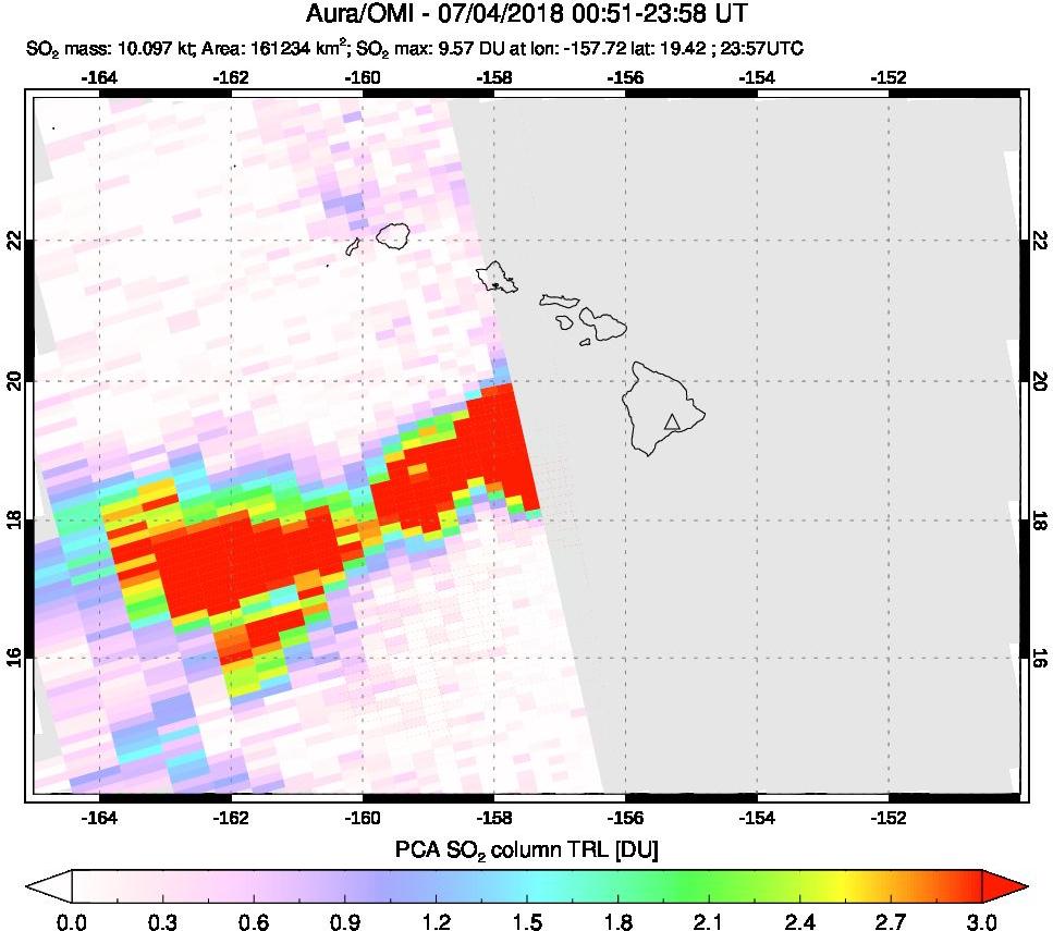 A sulfur dioxide image over Hawaii, USA on Jul 04, 2018.