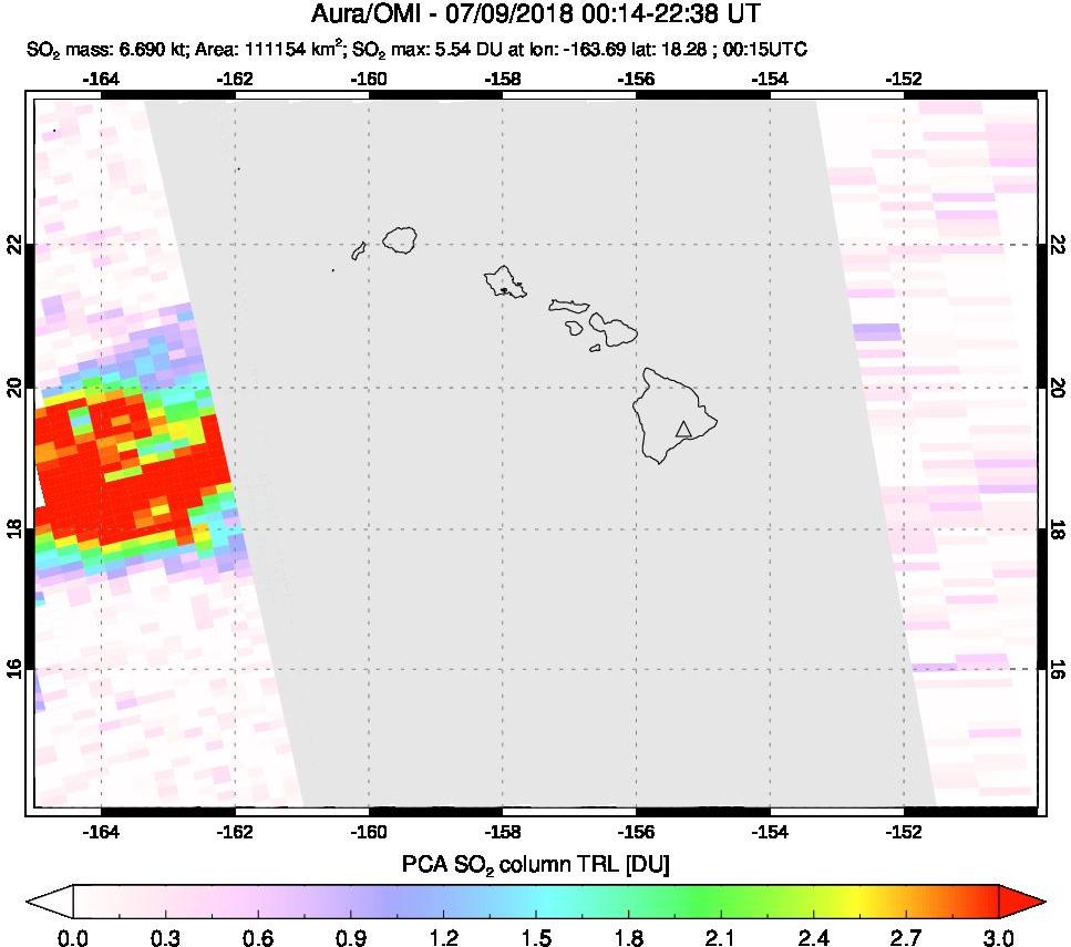 A sulfur dioxide image over Hawaii, USA on Jul 09, 2018.