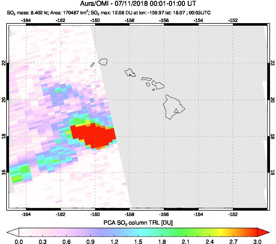 A sulfur dioxide image over Hawaii, USA on Jul 11, 2018.