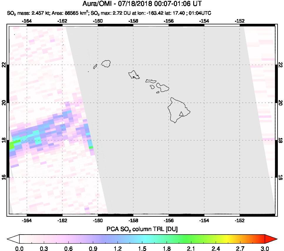 A sulfur dioxide image over Hawaii, USA on Jul 18, 2018.