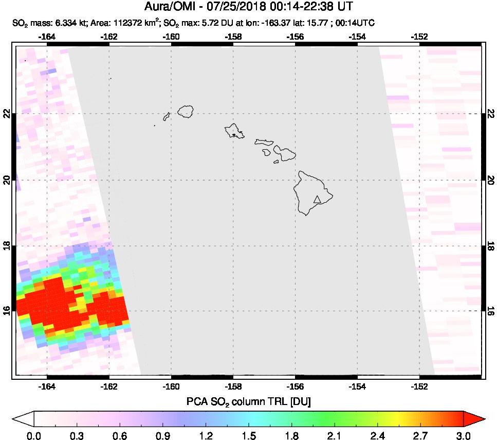 A sulfur dioxide image over Hawaii, USA on Jul 25, 2018.