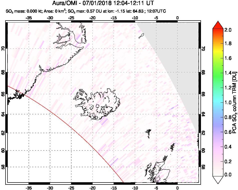 A sulfur dioxide image over Iceland on Jul 01, 2018.