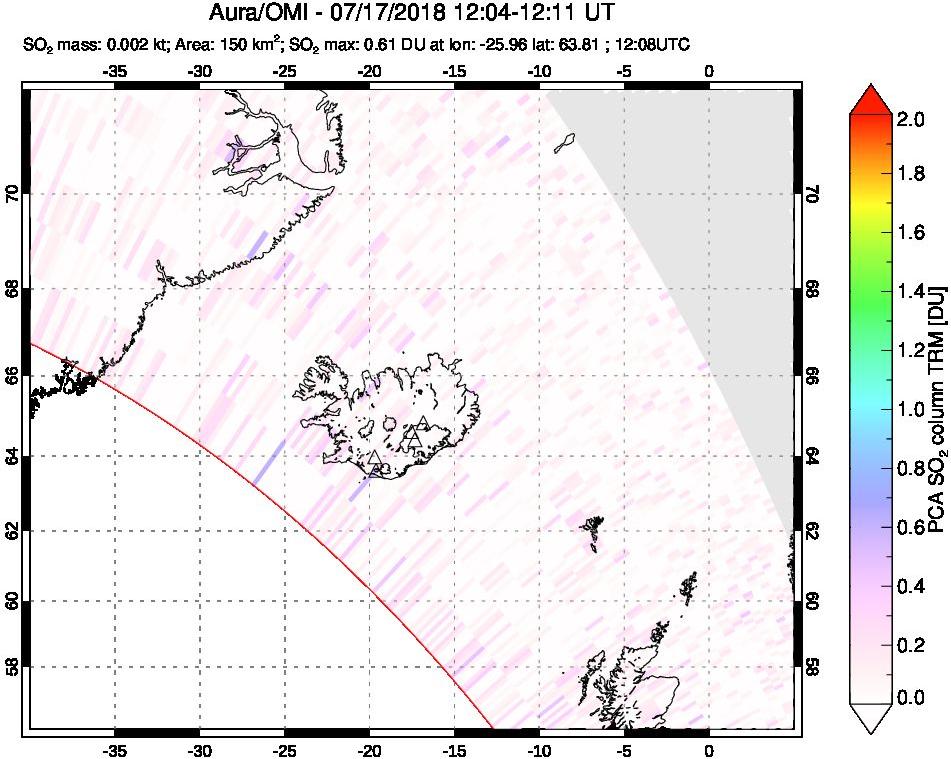 A sulfur dioxide image over Iceland on Jul 17, 2018.
