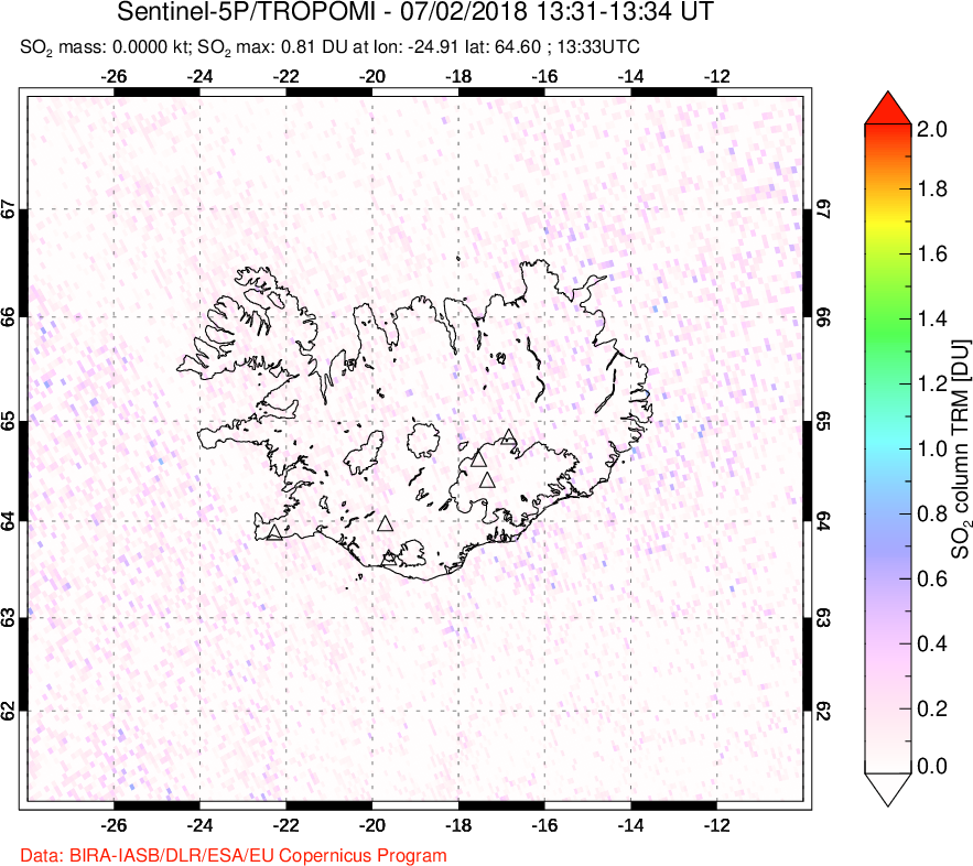 A sulfur dioxide image over Iceland on Jul 02, 2018.
