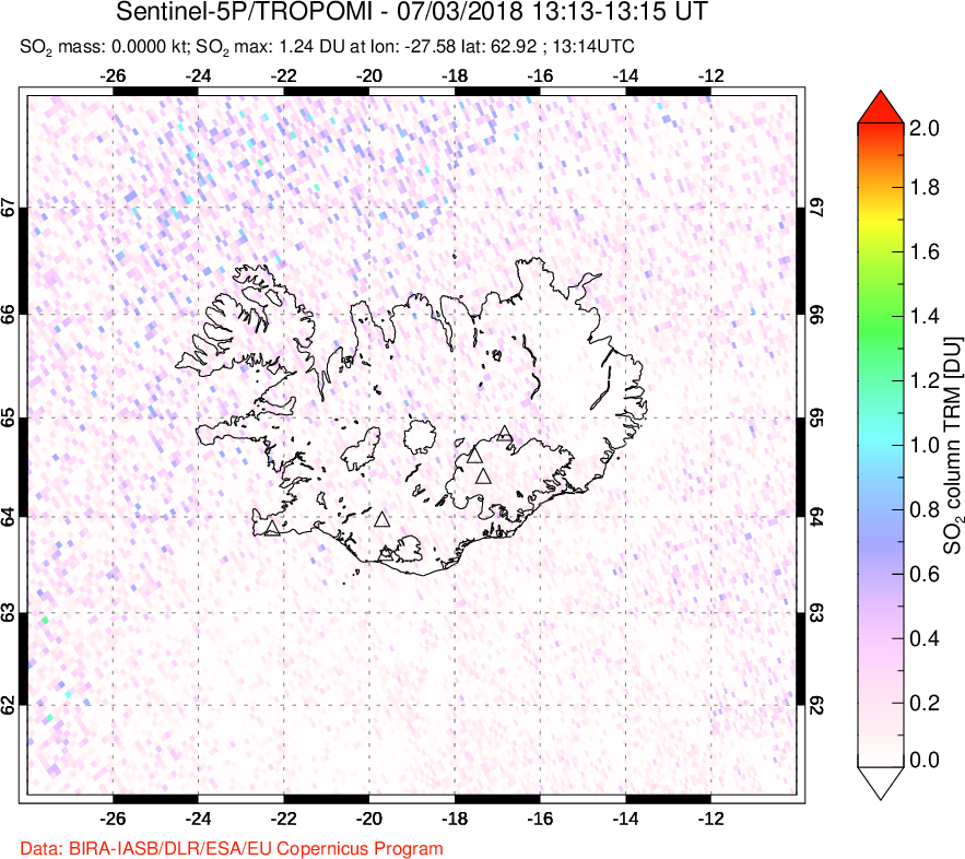 A sulfur dioxide image over Iceland on Jul 03, 2018.
