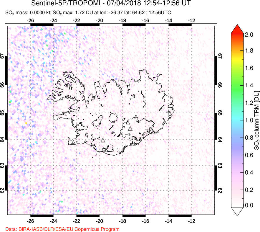 A sulfur dioxide image over Iceland on Jul 04, 2018.