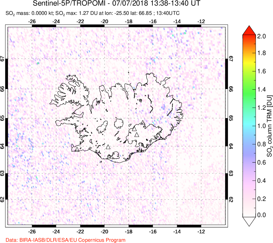 A sulfur dioxide image over Iceland on Jul 07, 2018.