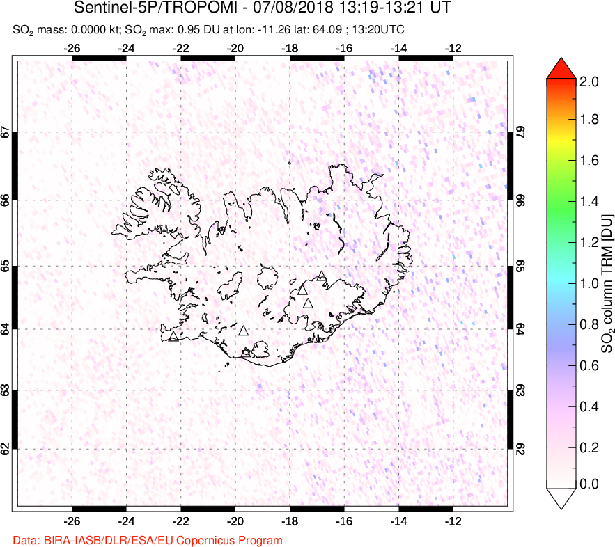 A sulfur dioxide image over Iceland on Jul 08, 2018.