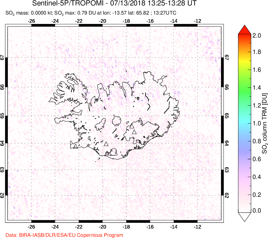 A sulfur dioxide image over Iceland on Jul 13, 2018.