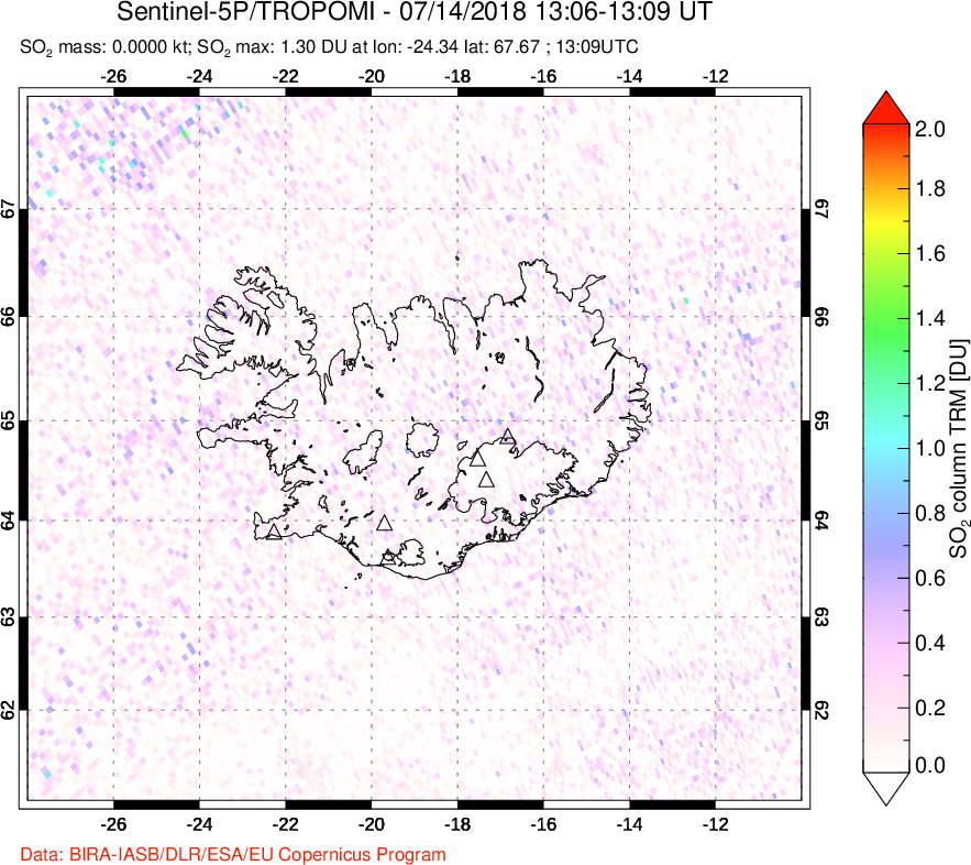 A sulfur dioxide image over Iceland on Jul 14, 2018.