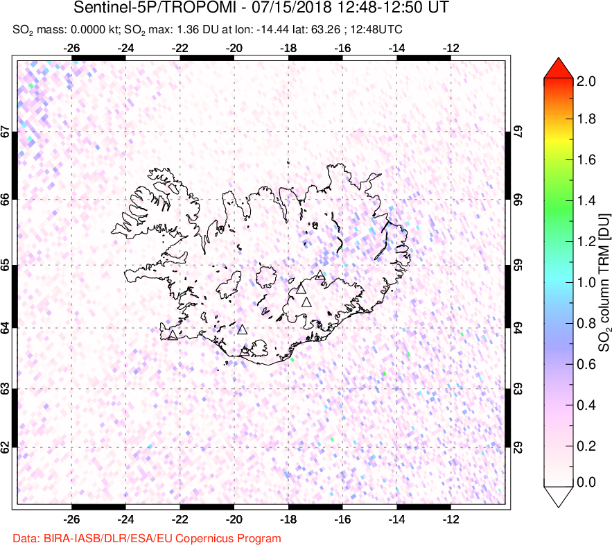 A sulfur dioxide image over Iceland on Jul 15, 2018.