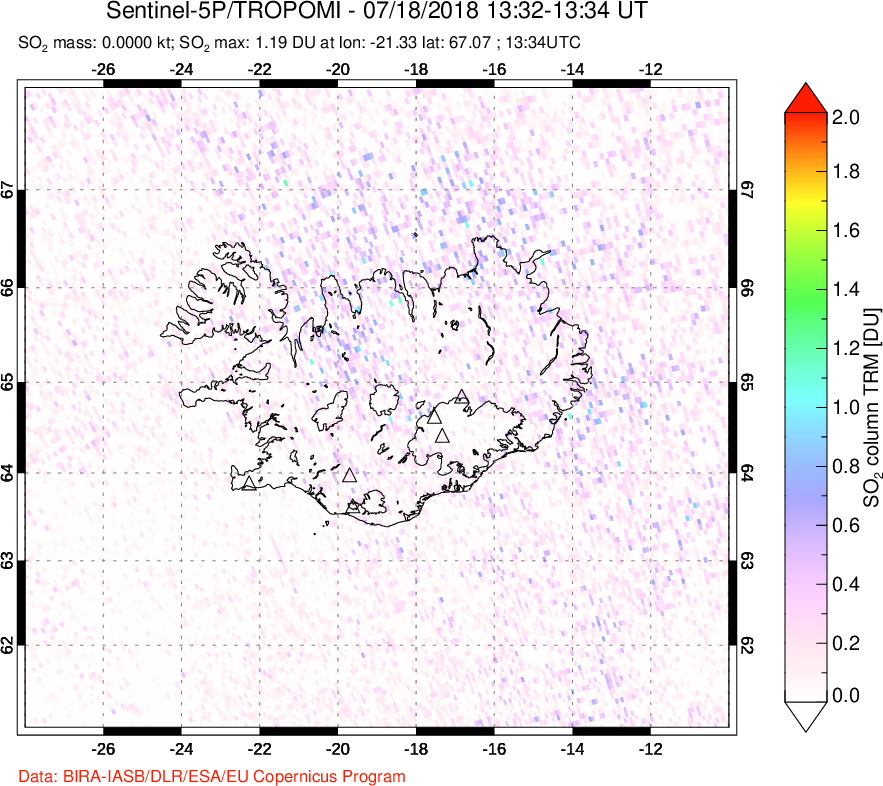 A sulfur dioxide image over Iceland on Jul 18, 2018.