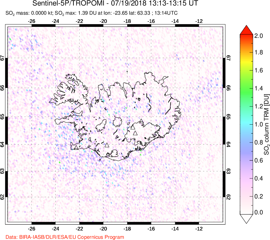A sulfur dioxide image over Iceland on Jul 19, 2018.