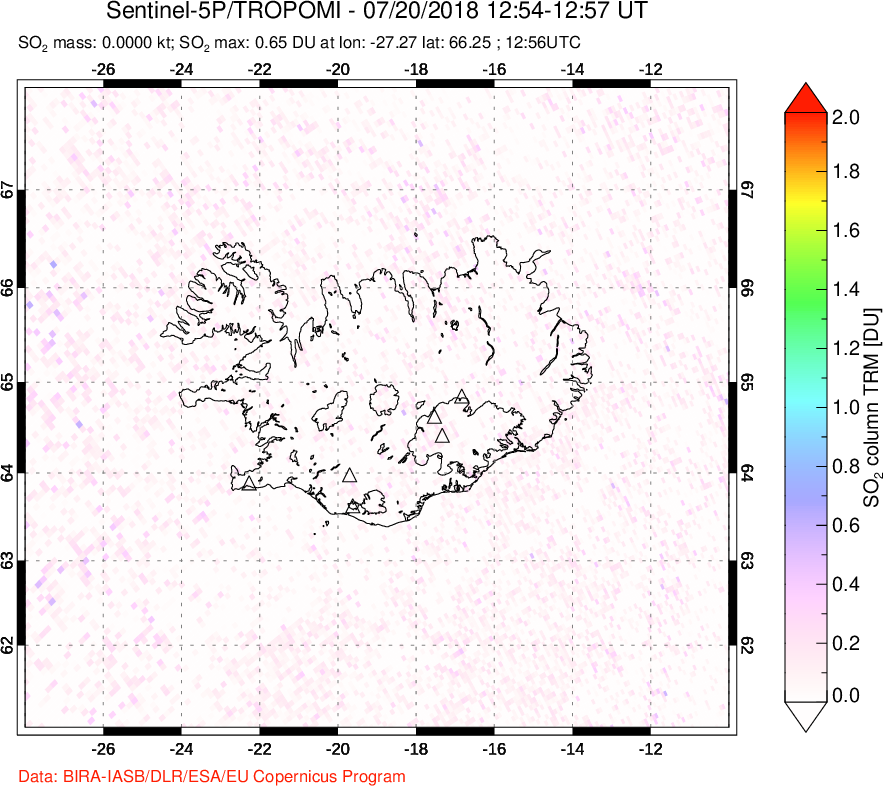 A sulfur dioxide image over Iceland on Jul 20, 2018.