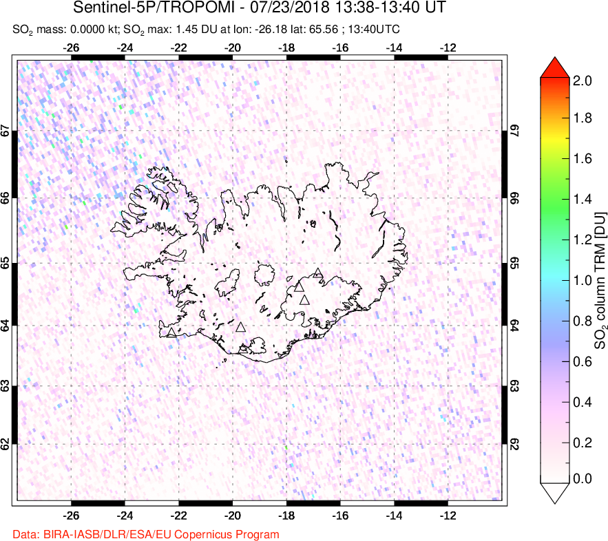 A sulfur dioxide image over Iceland on Jul 23, 2018.