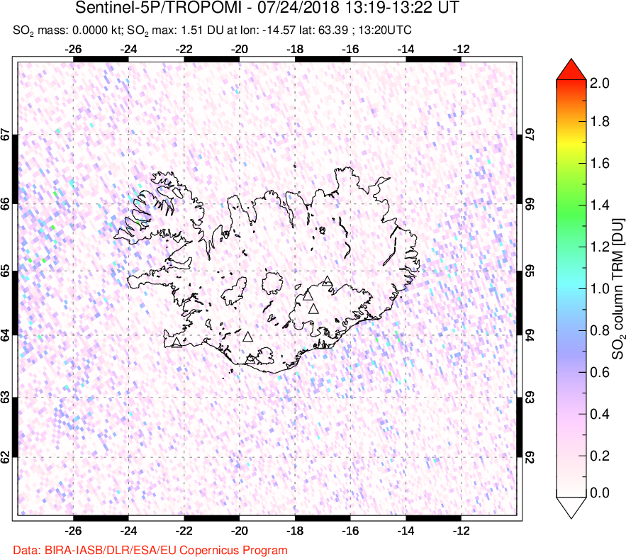 A sulfur dioxide image over Iceland on Jul 24, 2018.