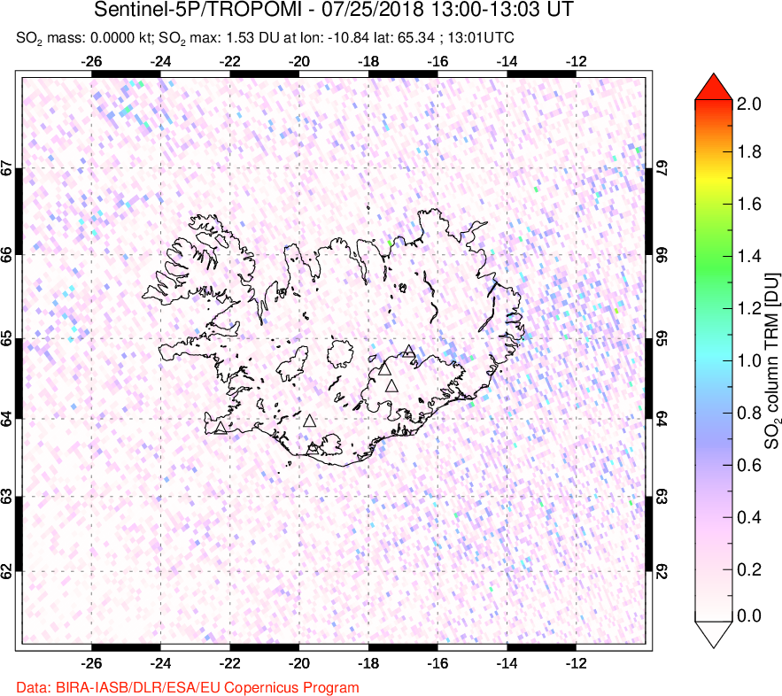 A sulfur dioxide image over Iceland on Jul 25, 2018.