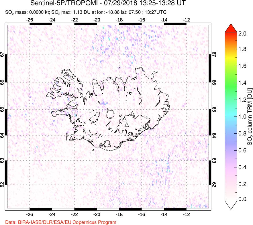 A sulfur dioxide image over Iceland on Jul 29, 2018.