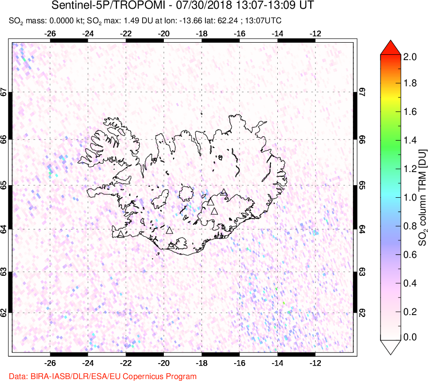 A sulfur dioxide image over Iceland on Jul 30, 2018.