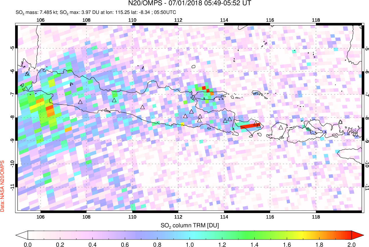 A sulfur dioxide image over Java, Indonesia on Jul 01, 2018.