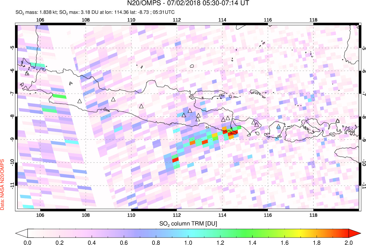 A sulfur dioxide image over Java, Indonesia on Jul 02, 2018.