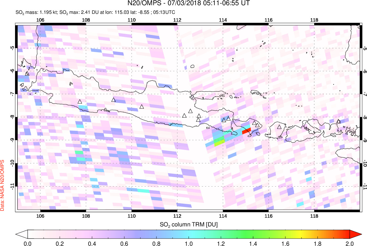A sulfur dioxide image over Java, Indonesia on Jul 03, 2018.
