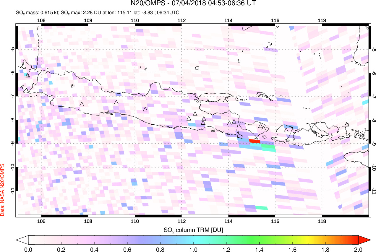 A sulfur dioxide image over Java, Indonesia on Jul 04, 2018.