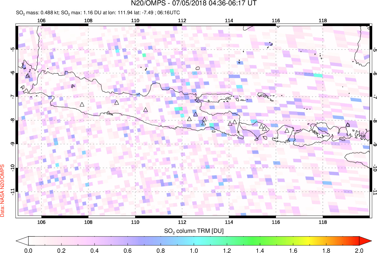 A sulfur dioxide image over Java, Indonesia on Jul 05, 2018.