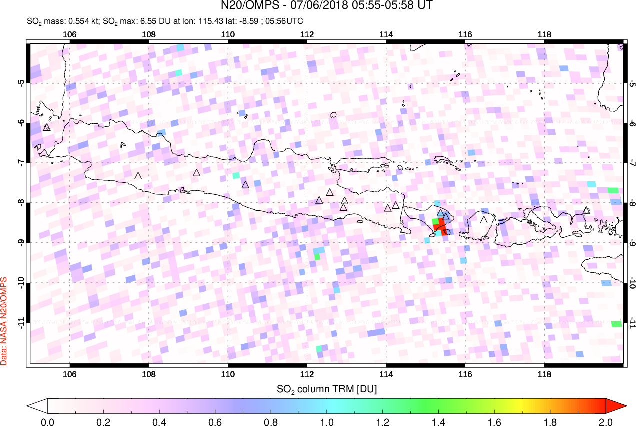 A sulfur dioxide image over Java, Indonesia on Jul 06, 2018.