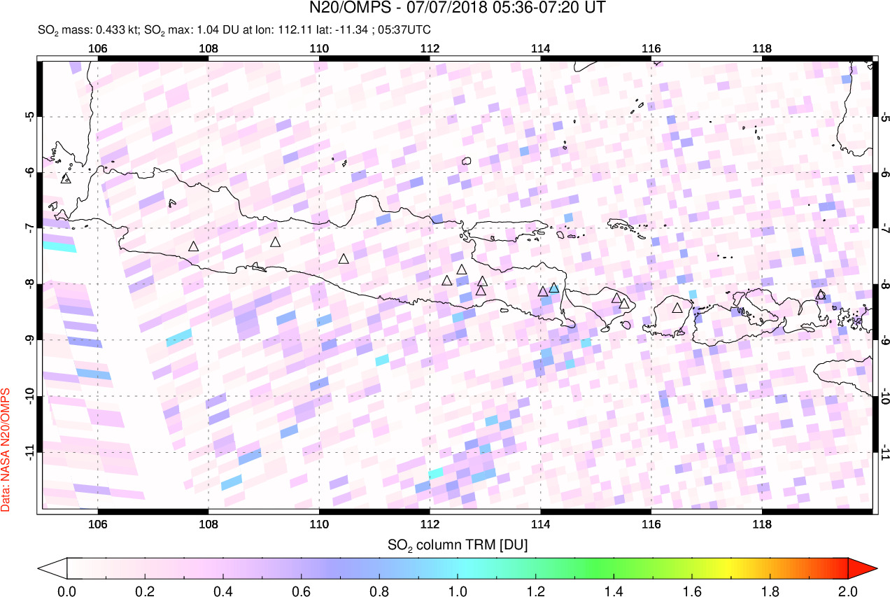 A sulfur dioxide image over Java, Indonesia on Jul 07, 2018.