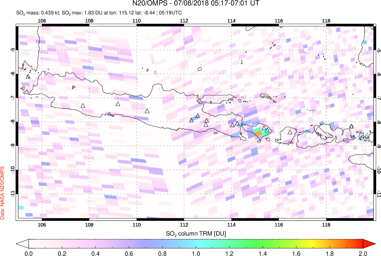 A sulfur dioxide image over Java, Indonesia on Jul 08, 2018.