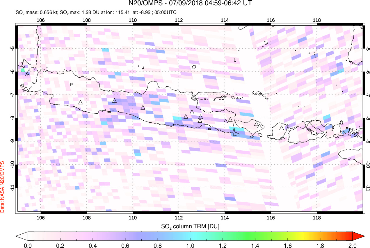 A sulfur dioxide image over Java, Indonesia on Jul 09, 2018.
