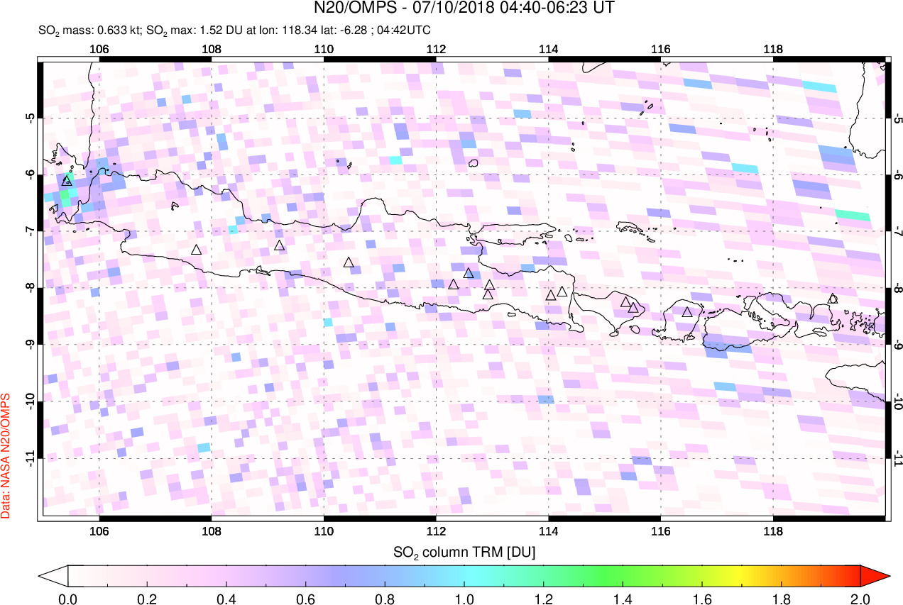 A sulfur dioxide image over Java, Indonesia on Jul 10, 2018.