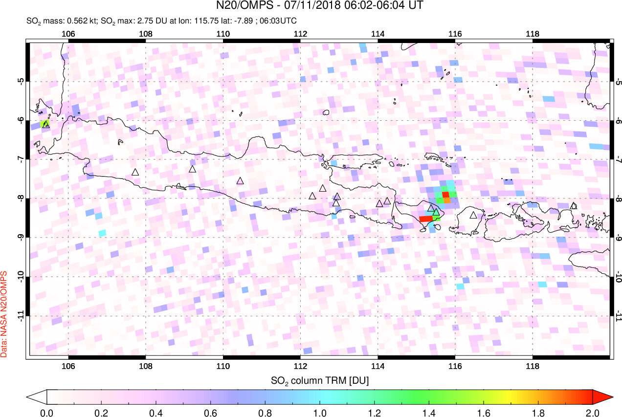 A sulfur dioxide image over Java, Indonesia on Jul 11, 2018.