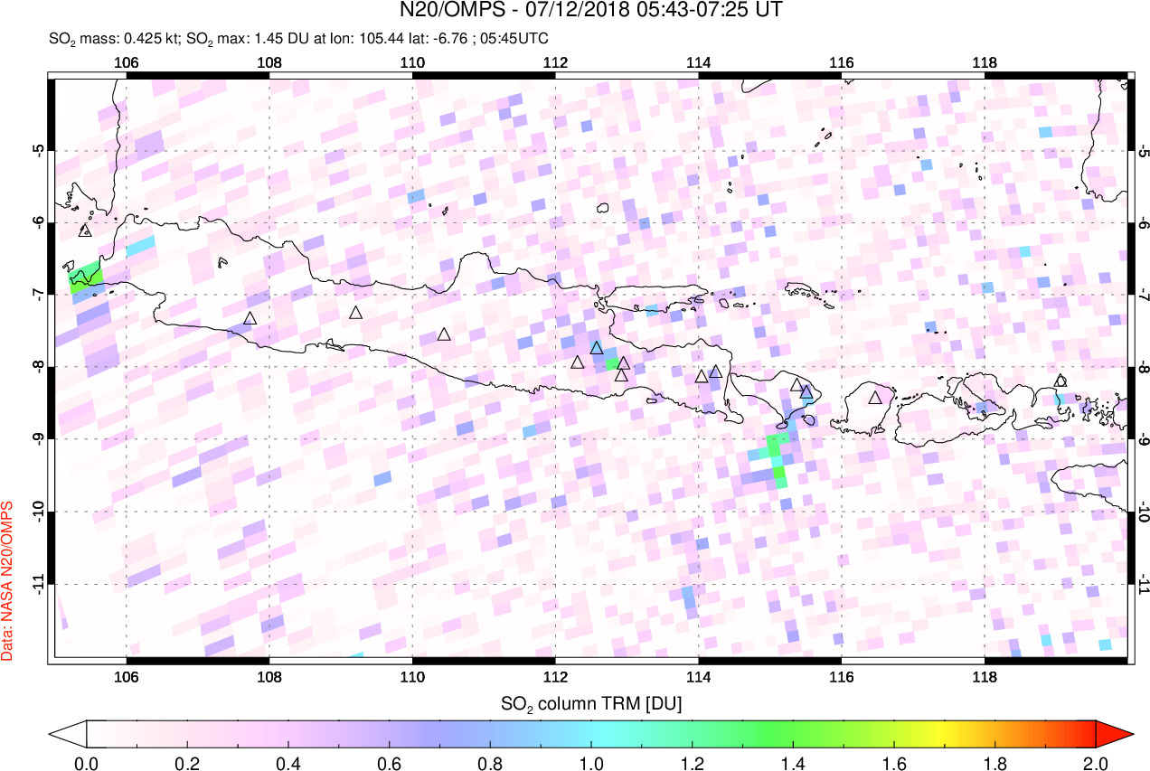 A sulfur dioxide image over Java, Indonesia on Jul 12, 2018.