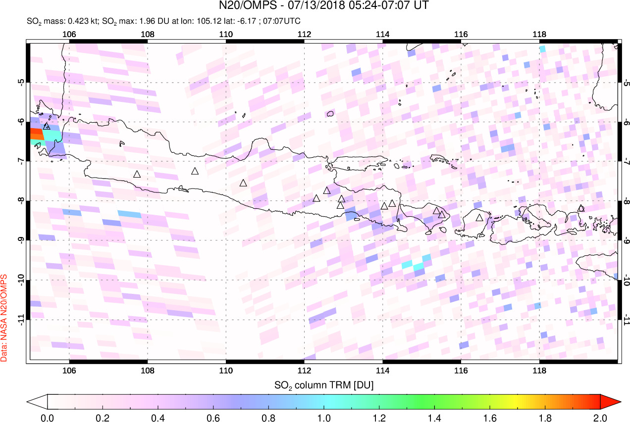 A sulfur dioxide image over Java, Indonesia on Jul 13, 2018.